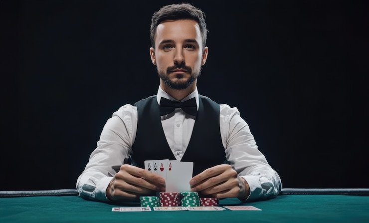 Dealer revealing cards at Three Card Poker table on abutogel slot